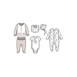 Комплект детский трикотажный для мальчиков: боди, комбинезон, кофточка, нагрудник, ползунки, чепчик