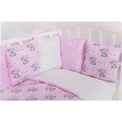 Набор в кроватку бортики-подушки "Мишка с бантиком" / Розовый
