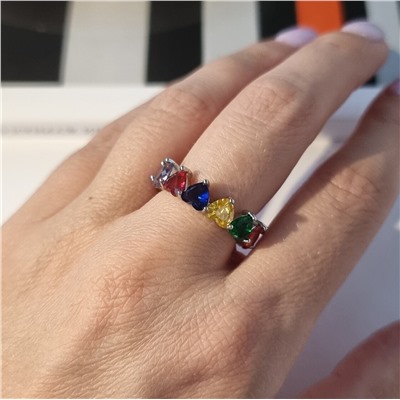 Кольцо с разноцветными фианитами, цвет серебристый, размер 18, арт.706.378