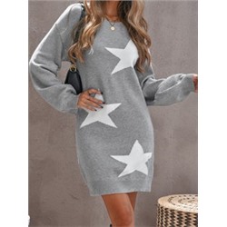 Серое оверсайз платье-свитер со звездным принтом