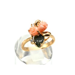 Кольцо женское "Роза и тюльпан" c кораллом и нефритом, размер 16
