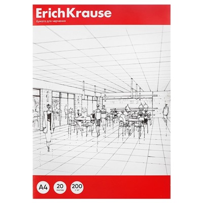 Бумага для черчения А4, 20 листов, блок 200 г/м², ErichKrause, без рамки, в картонной папке