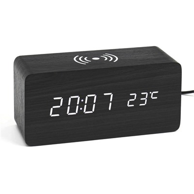 Настольные электронные часы "Цифра-ТЗ", будильник, термометр, QI зарядка, белая индикация