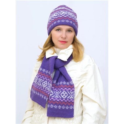 Комплект зимний женский шапка+шарф Узоры (Цвет фиолетовый), размер 54-56, шерсть 50%, мохер 30%