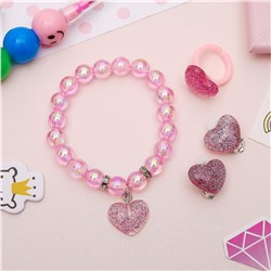 Набор детский 3 предмета: клипсы, браслет, кольцо, сердечки, цвет светло-розовый No brand