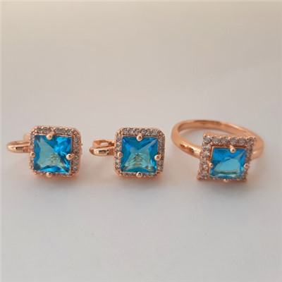 Комплект коллекция "Дубай", покрытие позолота с камнем, цвет голубой серьги, кольцо р-р 19, Е3246, арт.747.967