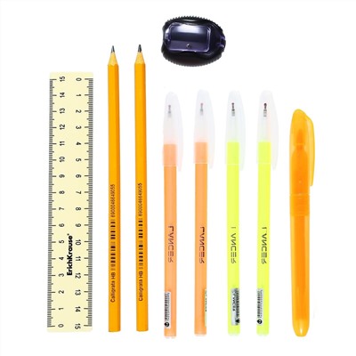 Набор канцелярский 10 предметов (пенал-тубус 65 х 210 мм, ручки 4 штуки цвет синий , линейка 15 см, точилка, карандаш 2 штуки, текстовыделитель), персиковый Calligrata