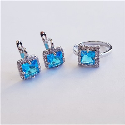Комплект коллекция "Дубай", покрытие посеребрение с камнем, цвет голубой, серьги, кольцо р-р 20, Е3247, арт.747.898