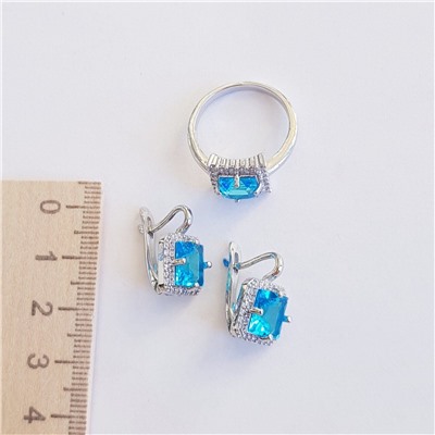 Комплект коллекция "Дубай", покрытие посеребрение с камнем, цвет голубой, серьги, кольцо р-р 20, Е3247, арт.747.898
