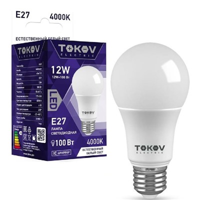Лампа светодиодная Е27 12W холодный свет 4000K A60 TOKOV ELECTRIC 1660369