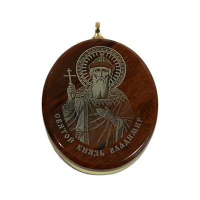 Кулон из обсидиана с окантовкой  Святой Князь Владимир 2,5см