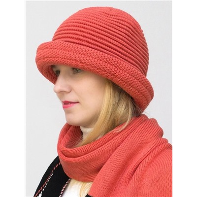 Комплект шляпа+шарф женский весна-осень Bloom (Цвет светло-коралловый), размер 54-56; 56-58, шерсть 30%