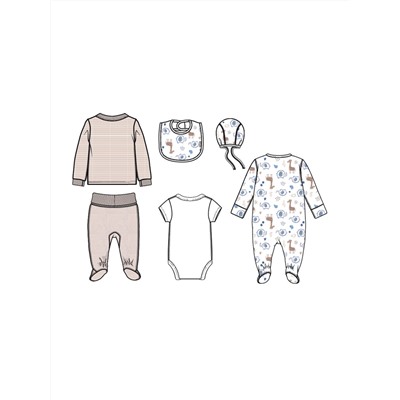 Комплект детский трикотажный для мальчиков: боди, комбинезон, кофточка, нагрудник, ползунки, чепчик