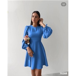 Платье Барби приталенное манжеты завязка синее 118/G268