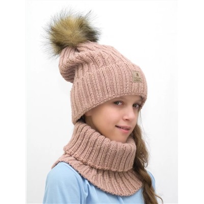 Комплект зимний для девочки шапка+снуд Яна (Цвет темно-пудровый), размер 54-56, шерсть 30%