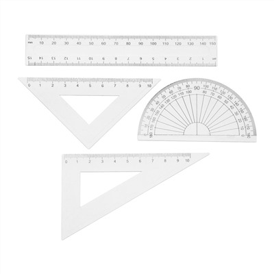 Набор чертежный 4 предмета (линейка 15 см, треугольник11 см/ 30*и 5 см/ 45*, транспортир) прозрачный Calligrata