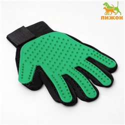 Перчатка - щетка для шерсти на правую руку с удлиненными зубчиками, зеленая Пижон
