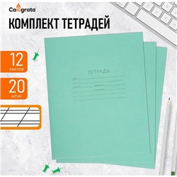 Комплект тетрадей из 20 штук, 12 листов в косую линию КПК "Зелёная обложка", блок №2, белизна 75% (серые листы)