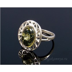 Кольцо с янтарем С925 овал 14*17мм зеленый размер 18, 3,01гр