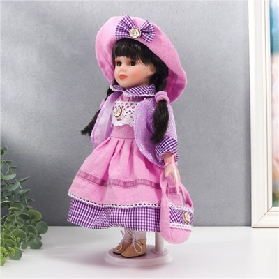 Кукла коллекционная керамика "Женя в розово-сиреневом платье, в клетку" 30 см