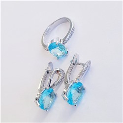 Комплект коллекция "Дубай", покрытие посеребрение с камнем, цвет голубой серьги, кольцо р-р 19,  Е8185, арт.747.935