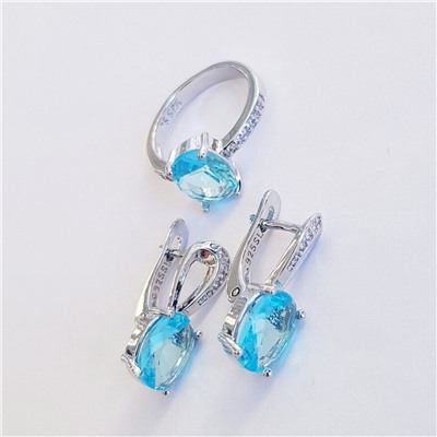 Комплект коллекция "Дубай", покрытие посеребрение с камнем, цвет голубой серьги, кольцо р-р 19,  Е8185, арт.747.935