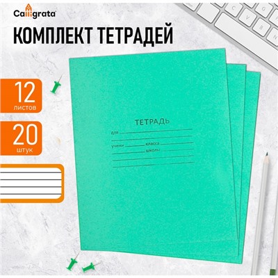 Комплект тетрадей из 20 штук, 12 листов в линию КПК "Зелёная обложка", блок №2, белизна 75% (серые листы)