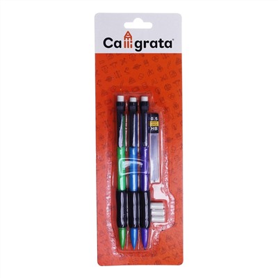 Набор карандашей автоматических 0,5 мм 3 штуки+грифели 0,5мм+3 шт., ластиков Calligrata