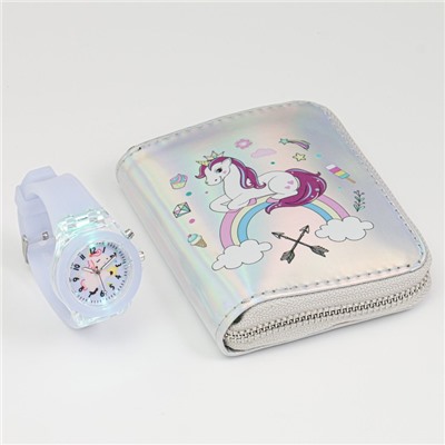 Детский подарочный набор для девочек "Единорожка" 2 в 1: наручные часы, кошелёк