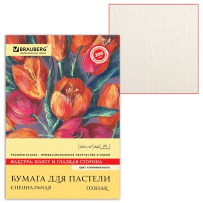 Папка для пастели А4, 210 х 297 мм, 20 листов, тонированная бумага, слоновая кость, ГОЗНАК "Холст", блок 200 г/м²