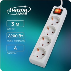 Удлинитель luazon lighting, 4 розетки, 3 м, 10 а, 2200 вт, 3х1.5 мм2, с з/к, с выкл., б Luazon Lighting