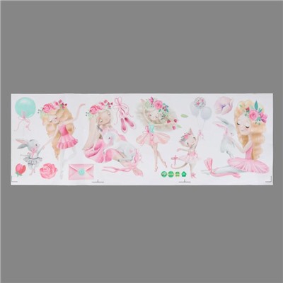 Наклейка пластик интерьерная цветная "Малышка-балерина со зверюшками" 30х90 см