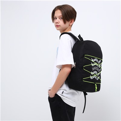 Рюкзак школьный текстильный со шнуровкой wake up, 38х29х11 см, черный NAZAMOK