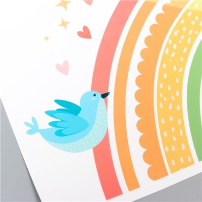 Наклейка пластик интерьерная цветная "Разноцветная радуга с птичкой" 30х60 см