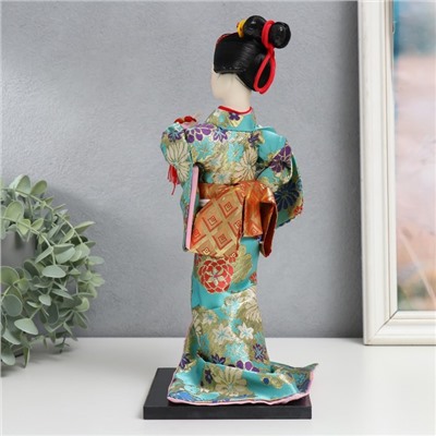 Кукла коллекционная "Гейша в бирюзовом кимоно с цветами" 32х13х13 см