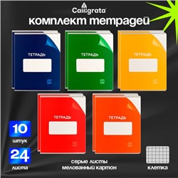 Комплект тетрадей из 10 штук, 24 листа в клетку Calligrata "Однотонная Классика с уголком. Эконом", обложка мелованный картон, ВД-лак, блок №2, белизна 75% (серые листы), 5 видов по 2 штуки