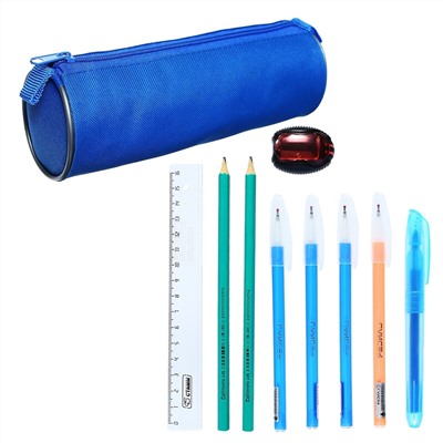 Набор канцелярский 10 предметов (пенал-тубус 65 х 210 мм, ручки 4 штуки цвет синий , линейка 15 см, точилка, карандаш 2 штуки, текстовыделитель), синий Calligrata