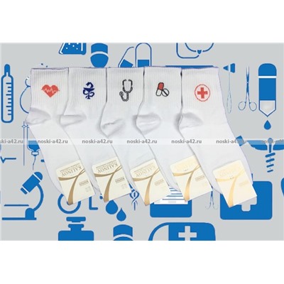 5 ПАР- КАЛИНОВ носки женские белые с медицинским принтом арт. Ж-31 23-25