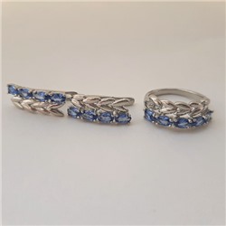 Комплект коллекция "Дубай", покрытие посеребрение с камнем, цвет синий, серьги, кольцо р-р 17, Е8184 , арт.747.919