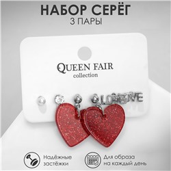 Набор 3 пары серег love сердечки, цвет бело-красный в серебре Queen fair